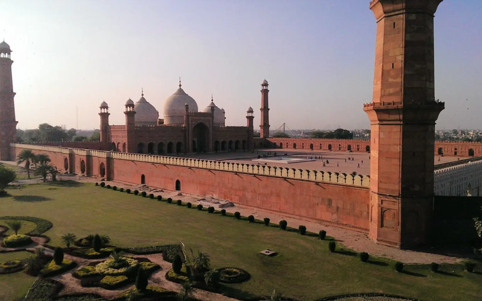 The Lahore Fort walls with the Badshahi Mosque behind