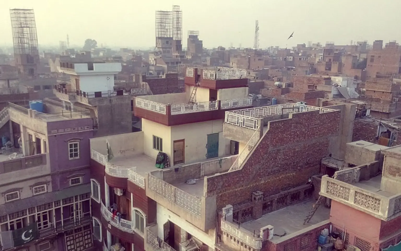 Packed rooftops of Lahore's walled city seen from Mori Gate