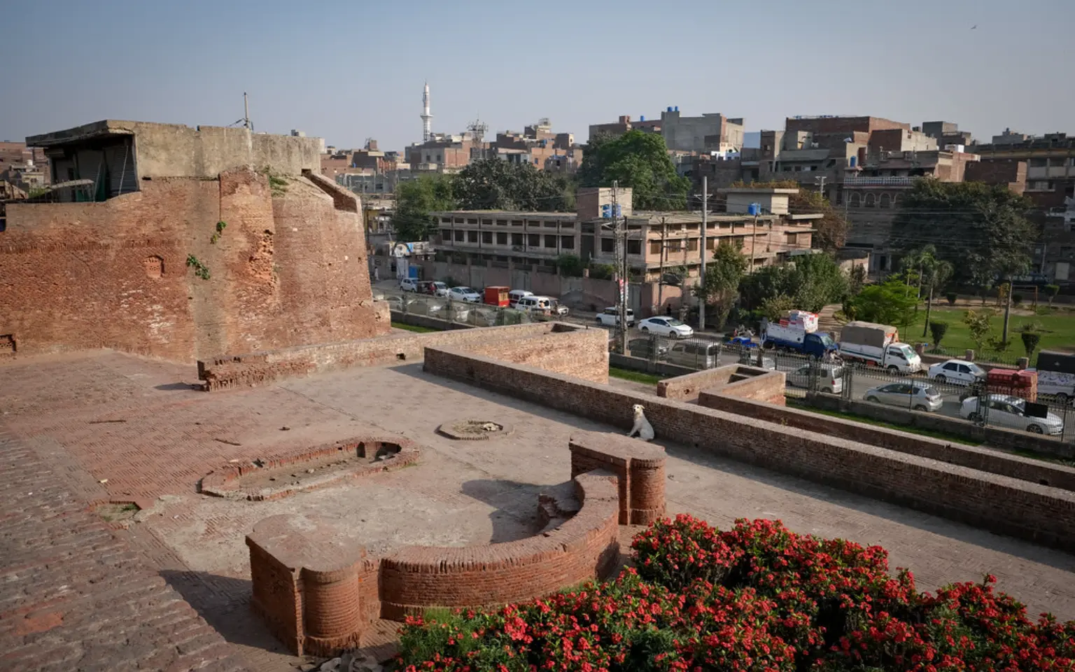 Rooftops and old brick buildings inside Lahore's walled city