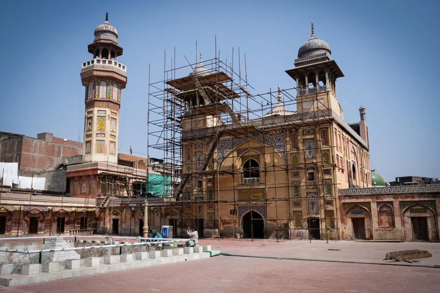 Conservation scaffolding on the Wazir Khan Mosque in Lahore's walled city